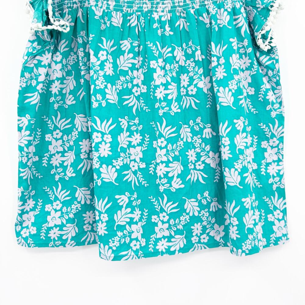 THML Teal Gray Lavender Floral Smocked Ruffle Sleeve Cotton Top Size Small - Picture 5 of 12